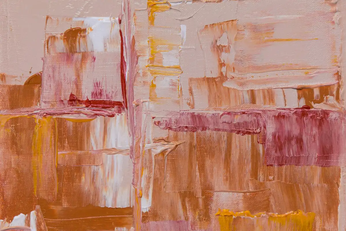 Abstract painting in warm pinks, peaches, and browns with broad brushstrokes.