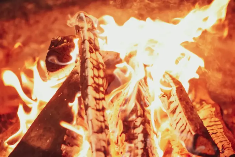 Flames and glowing embers around split logs burning in a fireplace.