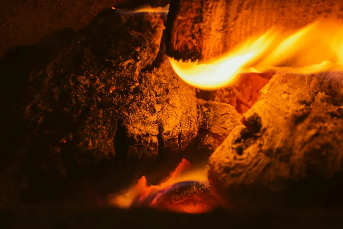Close-up of burning wood with bright flames and glowing embers