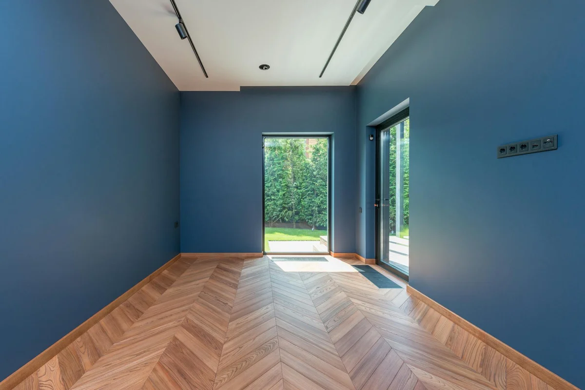 Interior room with blue walls and a herringbone wood floor, lit by natural light from a door and a window.