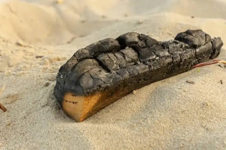 A weathered, charred piece of wood resting on light-colored sand.