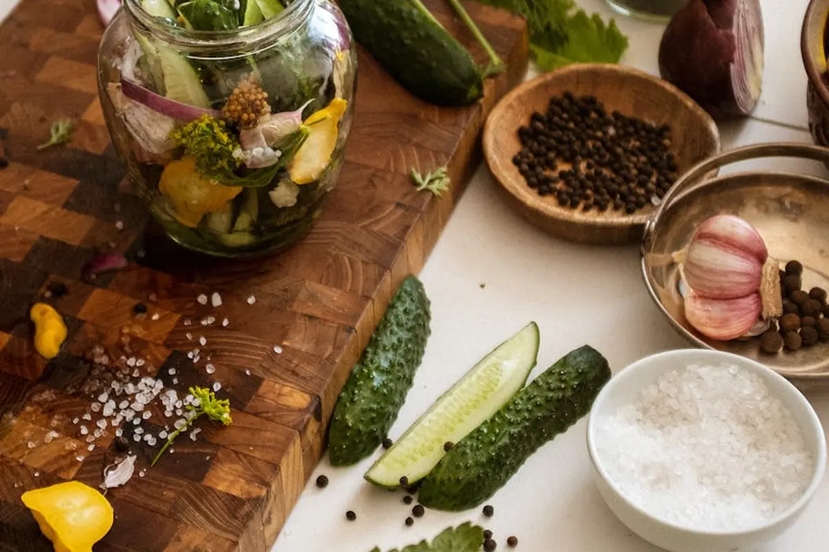 A wooden cutting board with fresh cucumbers, garlic, peppers, and jars of pickled vegetables and spices, plus bowls of salt and pepper, illustrating a kitchen setting where oil selection affects wood protection and food safety.
