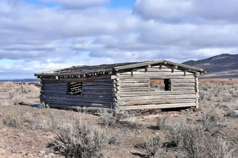 Weathered log cabin in a desert landscape with sparse shrubs and distant hills under a partly cloudy sky.