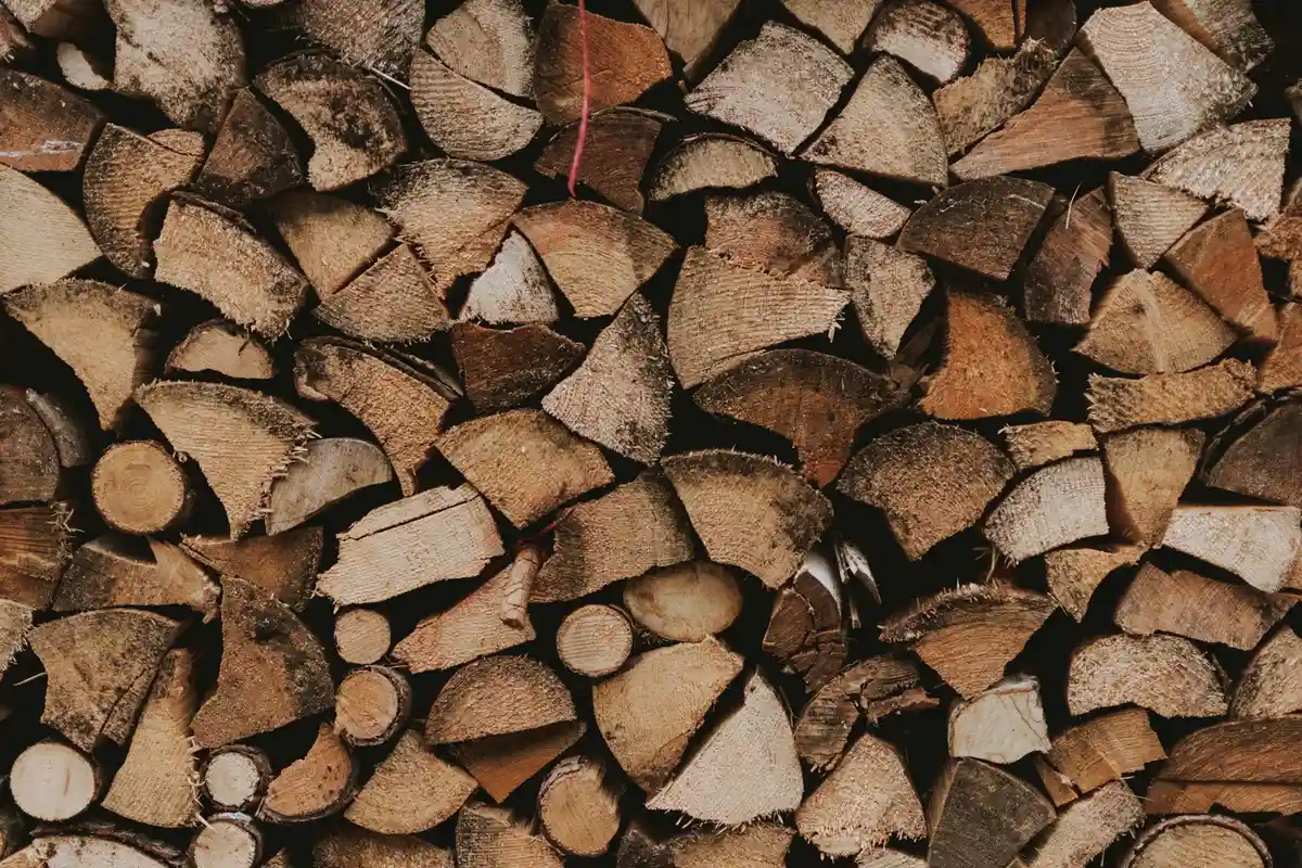 Pile of stacked firewood logs in varying shades of brown.