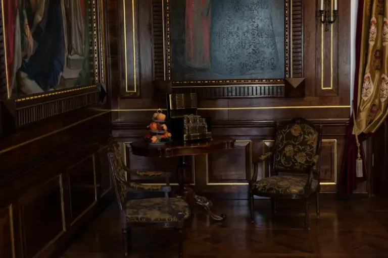 Dark mahogany-paneled room with ornate antique furniture and patterned upholstery