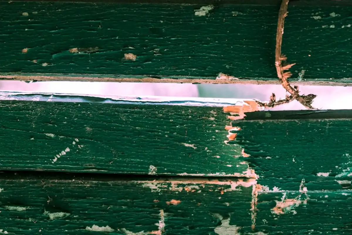 Close-up of weathered green-painted wood with chipped finish and visible grain