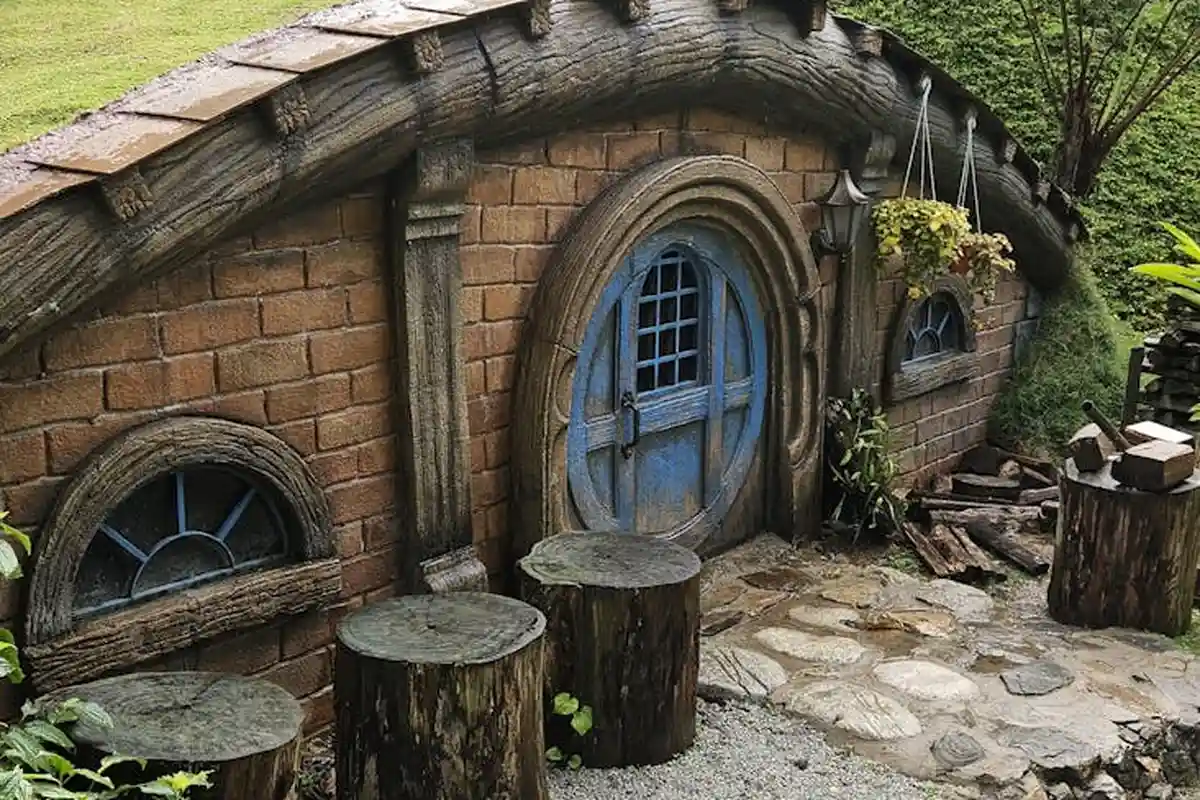 A Hobbit-style cottage with a rounded blue door, arched windows, and a stone-and-wood facade, with wooden stumps along a gravel path.