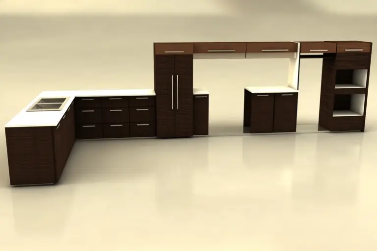 Modern dark wood kitchen cabinetry with white countertops.