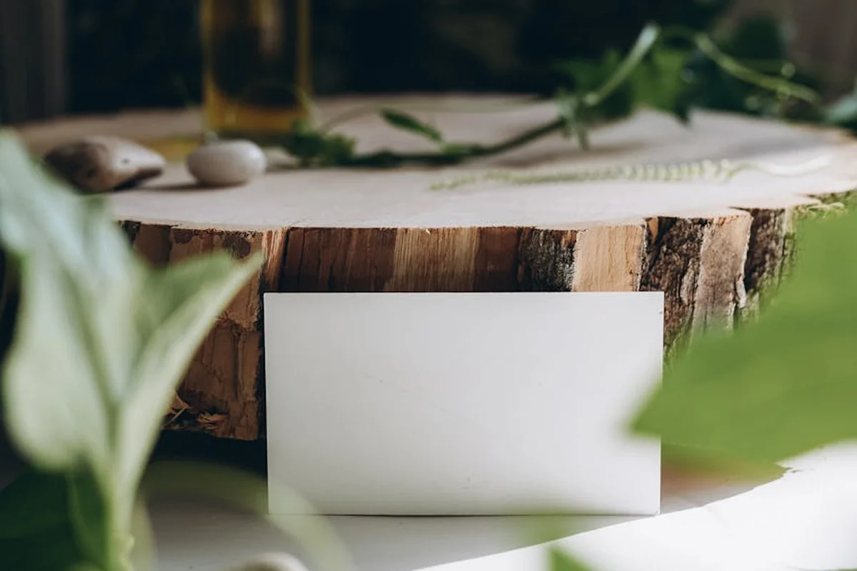 Close-up of a wooden cross-section with a white card in the foreground and green leaves in a natural outdoor setting.