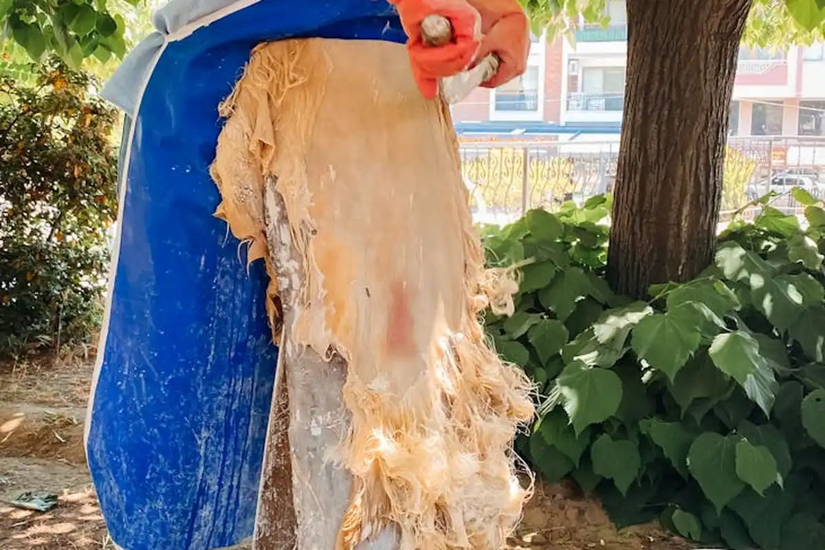 A person in a blue protective apron and orange gloves holds a torn, fibrous sheet of material outdoors, suggesting hazardous scrap like old insulation or treated wood.