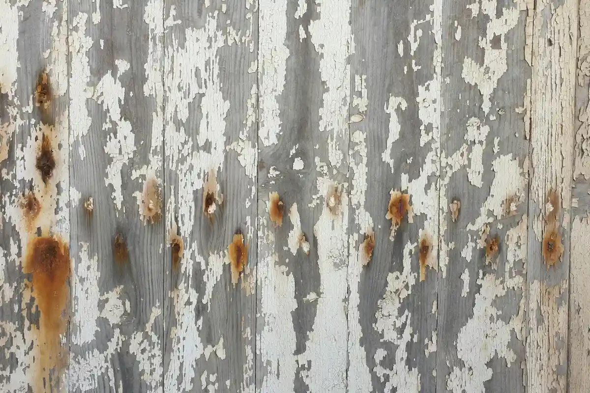 Close-up of a weathered wooden surface with white chipped paint and brown rust-like stains
