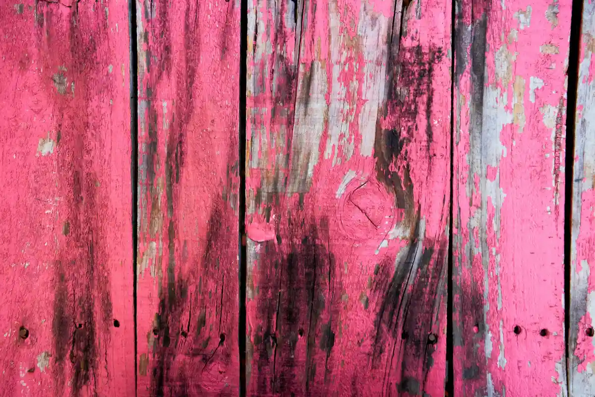 Close-up of vertical pink-painted wooden planks with peeling paint and dark stains.