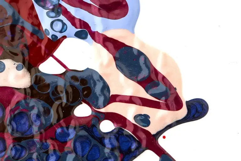 Abstract watercolor artwork with overlapping red, blue, and black shapes suggesting layered coatings and adhesion challenges.