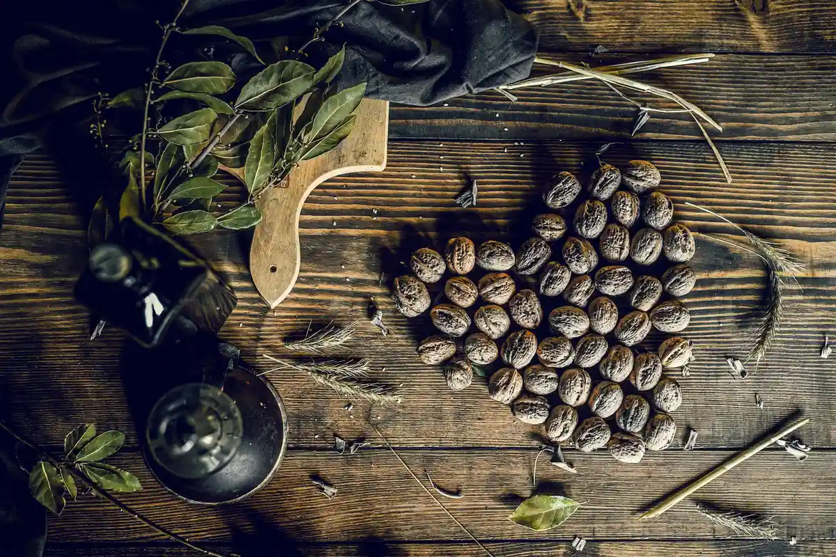 Top-down view of a rustic wooden workbench with a hand saw, an oil can, and a cluster of walnuts.