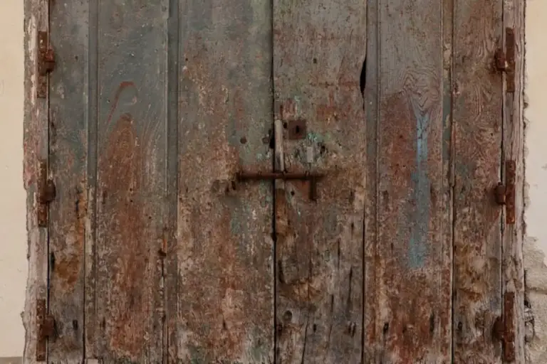 Weathered wooden door with rusty hardware, showing pronounced grain and texture.