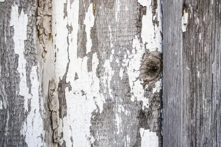 Close-up of weathered wooden planks with peeling white paint and exposed grain.