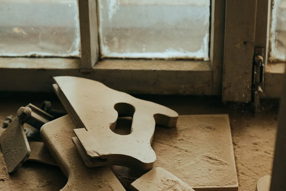 Woodworking bench with a hand plane and sanding blocks, covered in dust near a window.