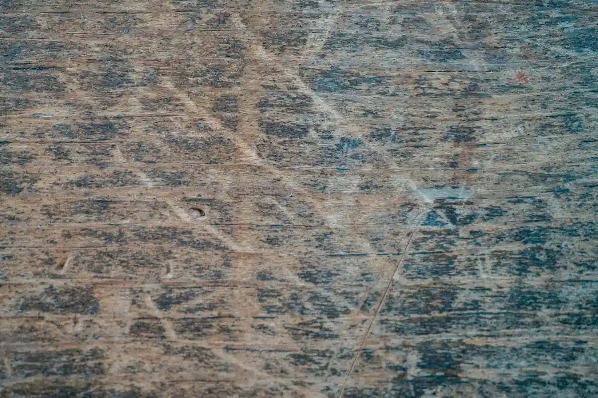 Close-up of a weathered wooden surface with visible scratches and a faded blue-gray finish.