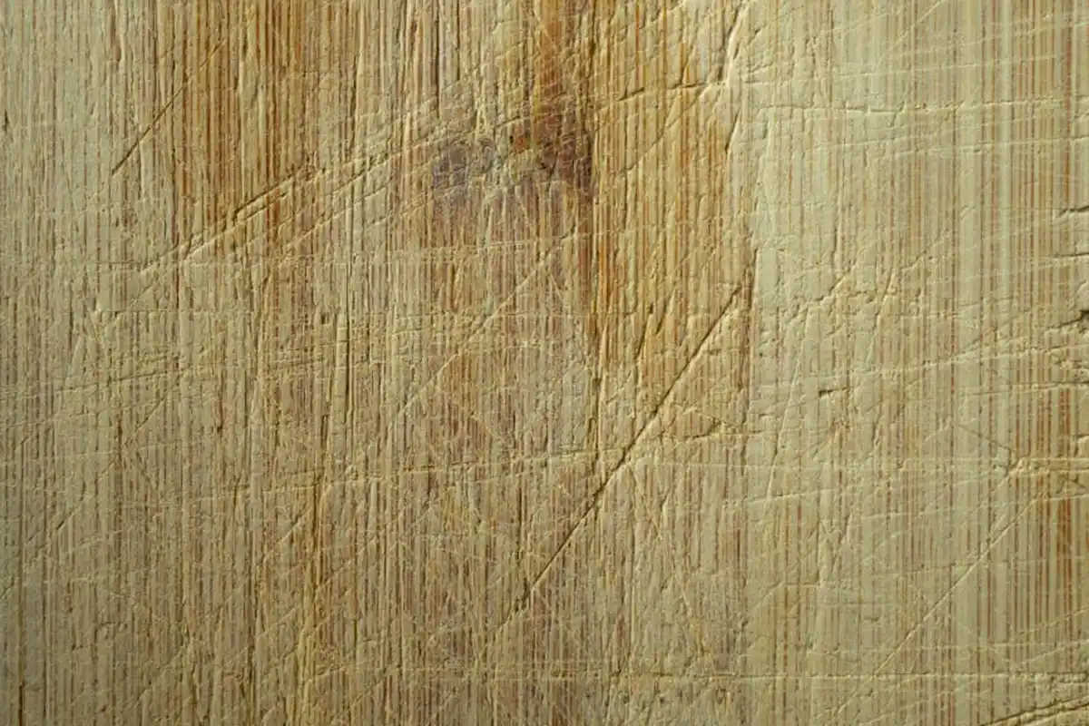 Close-up of a scratched wooden surface showing texture and grain, illustrating common wood repair challenges.