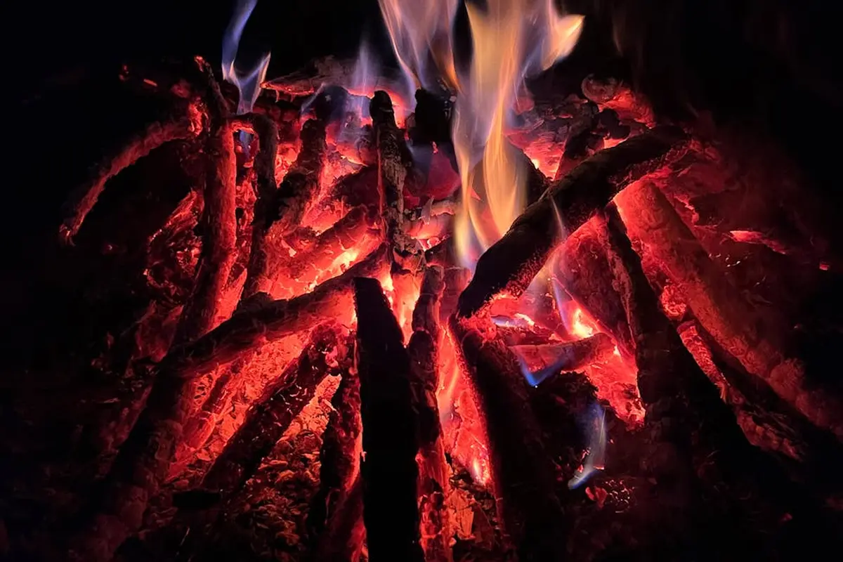 Red-hot embers and blue flames in a wood fire.