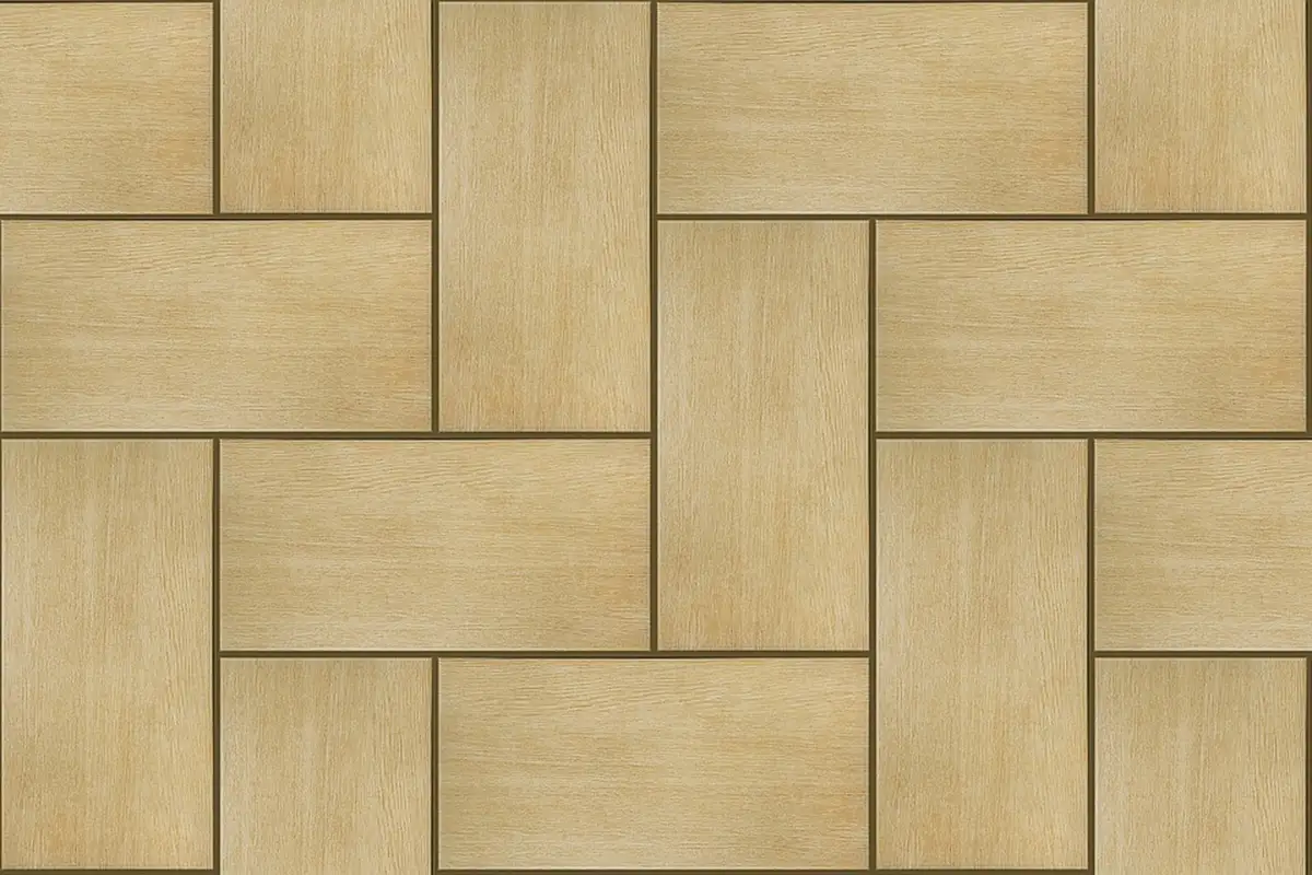 Light wood parquet floor with interlocking rectangular blocks in a repeating pattern.