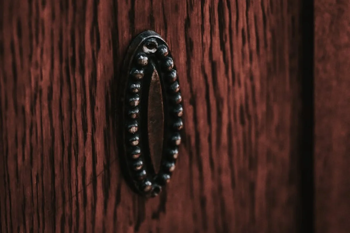 Close-up of a dark wooden surface with a metal ring pull, showing pronounced grain texture for context in discussing coconut oil as a wood finish.