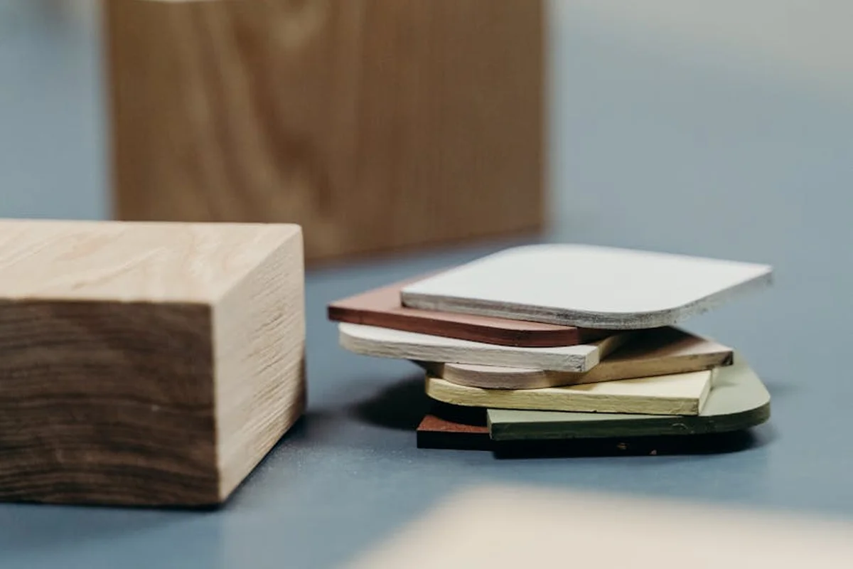 Small stacked wood veneer slices beside a larger wooden block on a blue surface.