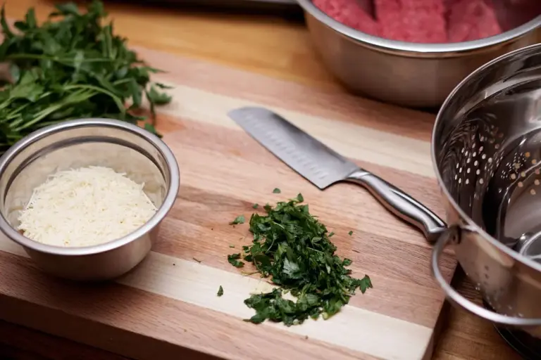 Wooden cutting board on a kitchen counter with chopped parsley, a knife, and metal bowls