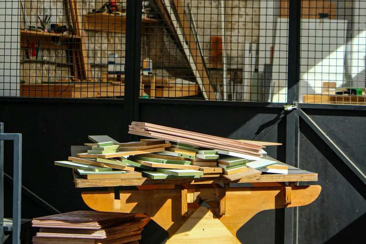 Pile of thin plywood and veneer strips stacked on a wooden workbench in a workshop