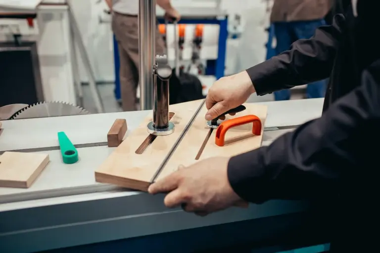 Close-up of a craftsman guiding a wooden piece through a table saw in a workshop, with a saw blade and various tools visible on the workbench.